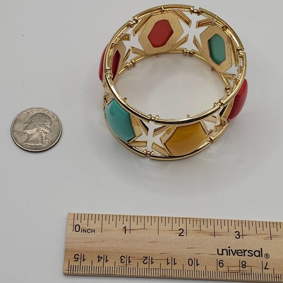 Boho Modern Chic Stmt GoldTone Red/Yellow/Aqua Gem Geometric Bangle Bracelet - Picture 13 of 13